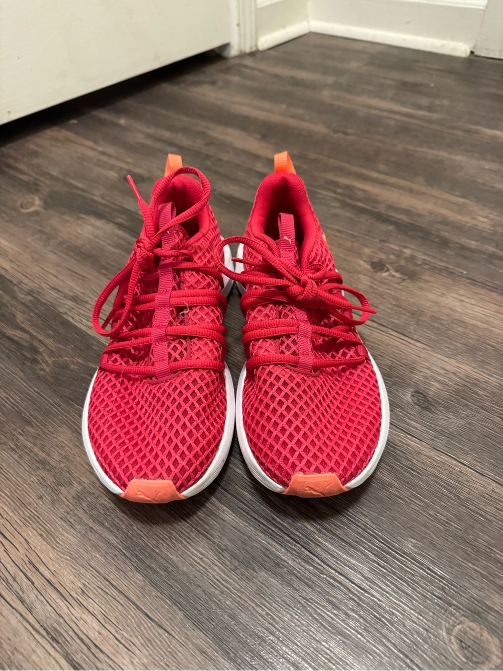 Puma Women’s Red Athletic Sneakers with Orange Pull Tabs